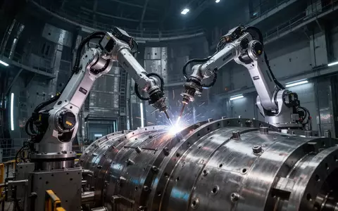 Ein hochmoderner Schweißroboter arbeitet an einem massiven metallischen Bauteil innerhalb der ITER-Fusionsreaktoranlage. - Foto: über boerse-global.de