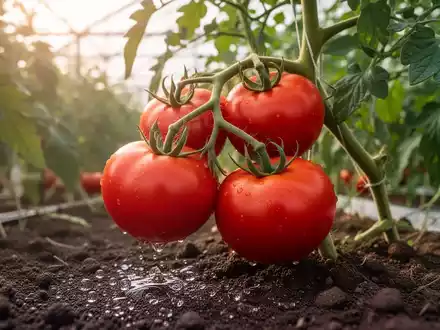 Nahaufnahme einer Tomatenpflanze im Gewächshaus bei Morgenlicht mit Fokus auf die gezielte Bewässerung am Wurzelansatz. - Foto: über boerse-global.de