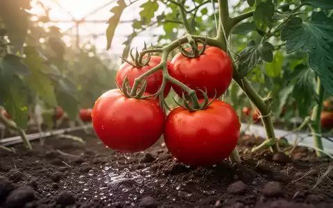 Nahaufnahme einer Tomatenpflanze im Gewächshaus bei Morgenlicht mit Fokus auf die gezielte Bewässerung am Wurzelansatz. - Foto: über boerse-global.de