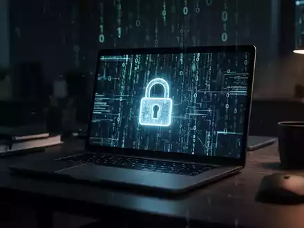 Ein Laptop-Bildschirm mit abstraktem Binärcode und einem Vorhängeschloss-Symbol als Symbol für Cybersicherheit. - Foto: über boerse-global.de