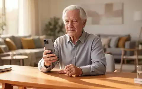 Ein älterer Mensch hält konzentriert ein Smartphone in der Hand, während er an einem hellen Schreibtisch sitzt. - Foto: über boerse-global.de