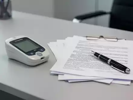 Blutzuckermessgerät und juristische Unterlagen auf einem Schreibtisch als Symbol für die rechtliche Bewertung bei Diabetes. - Foto: über boerse-global.de