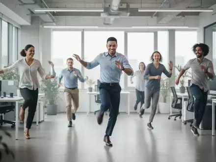 Mitarbeiter in einem modernen Büro, die gemeinsam eine kurze, aktive Bewegungspause machen. - Foto: über boerse-global.de