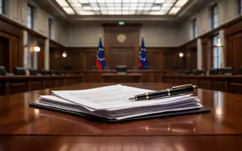 Stapel juristischer Dokumente mit einem FĂŒllfederhalter auf einem Holztisch in einem modernen Gerichtssaal. - Foto: ĂŒber boerse-global.de