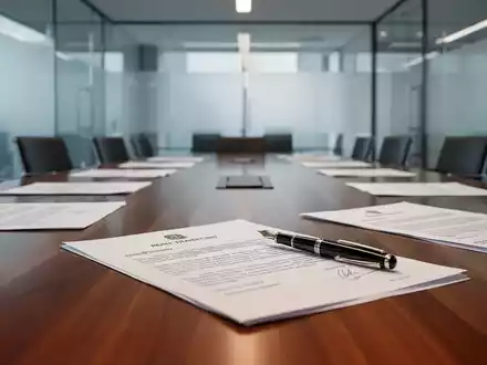 Ein moderner Konferenztisch mit juristischen Dokumenten und einem Füllfederhalter in einer professionellen Büroumgebung. - Foto: über boerse-global.de