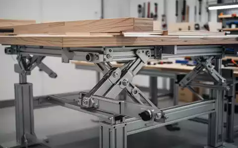 Moderner, ergonomisch höhenverstellbarer Industriearbeitsplatz mit Multiplex-Tischplatte in einer Werkstattumgebung. - Foto: über boerse-global.de