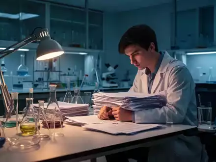 Ein erschöpfter Doktorand arbeitet spät abends allein in einem Chemielabor an seinem Schreibtisch zwischen Unterlagen. - Foto: über boerse-global.de