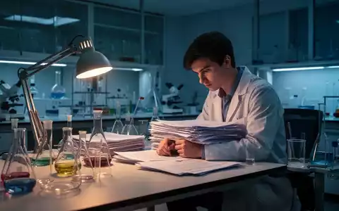 Ein erschöpfter Doktorand arbeitet spät abends allein in einem Chemielabor an seinem Schreibtisch zwischen Unterlagen. - Foto: über boerse-global.de