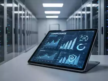 Ein Tablet mit IT-Sicherheits- und Compliance-Grafiken vor einem modernen Serverraum. - Foto: über boerse-global.de