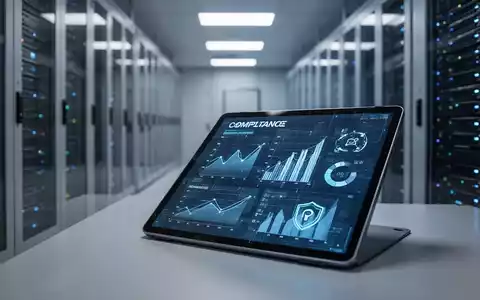 Ein Tablet mit IT-Sicherheits- und Compliance-Grafiken vor einem modernen Serverraum. - Foto: über boerse-global.de