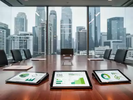 Moderner Konferenzraum mit Blick auf eine Skyline, auf den Tischen liegen Tablets mit ESG-Nachhaltigkeitsdiagrammen. - Foto: über boerse-global.de