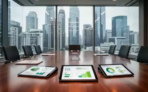 Moderner Konferenzraum mit Blick auf eine Skyline, auf den Tischen liegen Tablets mit ESG-Nachhaltigkeitsdiagrammen. - Foto: über boerse-global.de
