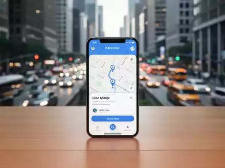 Smartphone mit einer Ride-Sharing-App auf einem Schreibtisch vor einer unscharfen Stadtkulisse. - Foto: über boerse-global.de