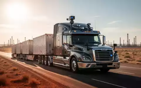 Ein autonomer Sattelzug mit drei Anhängern fährt durch eine industrielle Ölfeldlandschaft. - Foto: über boerse-global.de