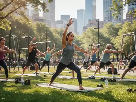 Menschen beim gemeinsamen Sporttraining in einem sonnigen Stadtpark zur betrieblichen Gesundheitsförderung. - Foto: über boerse-global.de