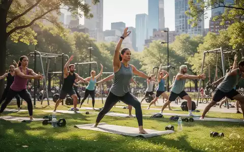 Menschen beim gemeinsamen Sporttraining in einem sonnigen Stadtpark zur betrieblichen Gesundheitsförderung. - Foto: über boerse-global.de