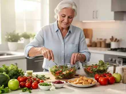 Eine ältere Person bereitet in einer modernen Küche eine gesunde Mahlzeit zu, um eine ausgewogene Nährstoffzufuhr zu zeigen. - Foto: über boerse-global.de