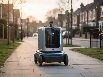 Ein autonomer Lieferroboter fährt auf einem Gehweg in einer modernen britischen Stadt. - Foto: über boerse-global.de