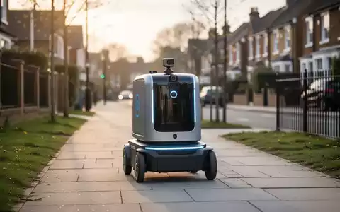Ein autonomer Lieferroboter fährt auf einem Gehweg in einer modernen britischen Stadt. - Foto: über boerse-global.de