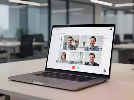 Ein Laptop-Bildschirm zeigt eine virtuelle Besprechungsoberfläche in einem modernen, professionellen Büro. - Foto: über boerse-global.de