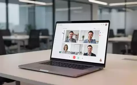 Ein Laptop-Bildschirm zeigt eine virtuelle Besprechungsoberfläche in einem modernen, professionellen Büro. - Foto: über boerse-global.de