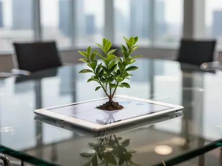 Eine kleine Pflanze wächst aus einem Tablet auf einem Konferenztisch als Symbol für nachhaltige Unternehmensführung. - Foto: über boerse-global.de