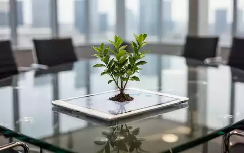 Eine kleine Pflanze wächst aus einem Tablet auf einem Konferenztisch als Symbol für nachhaltige Unternehmensführung. - Foto: über boerse-global.de