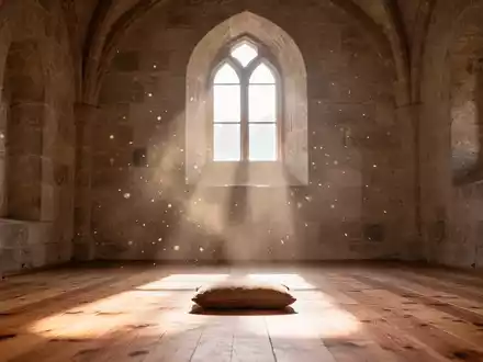 Ein friedlicher, minimalistischer Meditationsraum in einem Kloster mit einfallendem Sonnenlicht und einem Meditationskissen. - Foto: über boerse-global.de