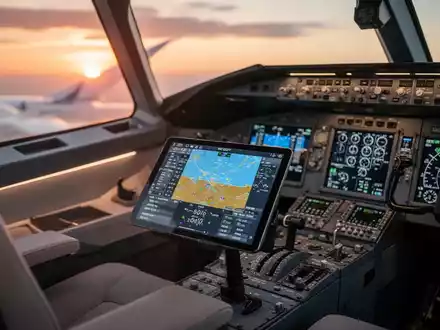 Modernes Cockpit eines Flugzeugs bei Sonnenuntergang als Symbol für die digitale Kommunikation zwischen Airline und Personal. - Foto: über boerse-global.de