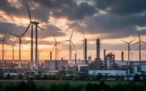 Moderne deutsche Industrieanlage mit Windkraftanlagen vor einem dramatischen Himmel bei Sonnenaufgang. - Foto: über boerse-global.de