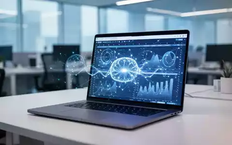 Moderner Büroarbeitsplatz mit einem Laptop, auf dem Datenvisualisierungen und KI-gestützte Softwareoberflächen zu sehen sind. - Foto: über boerse-global.de