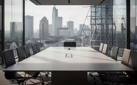 Moderner Konferenztisch in einem Bürogebäude mit Blick auf die Frankfurter Skyline, Symbol für Unternehmensführung. - Foto: über boerse-global.de