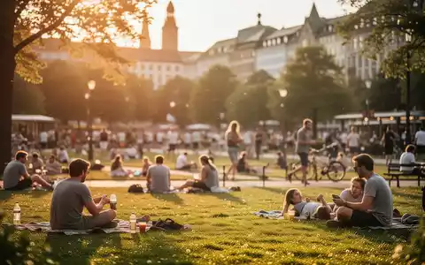 Menschen genießen Freizeitaktivitäten an einem sonnigen Sommertag in einer deutschen Stadt. - Foto: über boerse-global.de