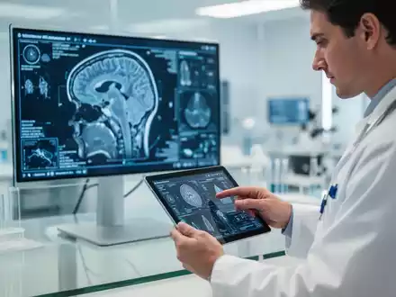 Medizinischer Forscher analysiert neurologische Daten an einem Tablet in einer modernen Klinik. - Foto: über boerse-global.de
