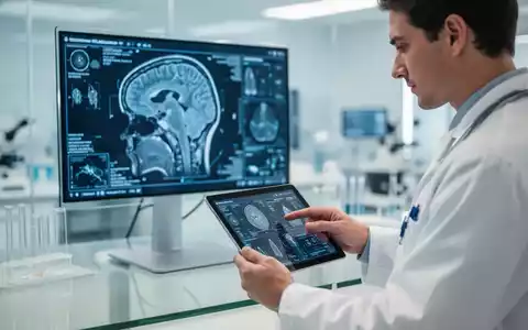 Medizinischer Forscher analysiert neurologische Daten an einem Tablet in einer modernen Klinik. - Foto: über boerse-global.de