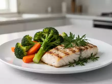 Gesunde, ausgewogene Mahlzeit mit gedünstetem Gemüse und Fisch auf einem weißen Teller als Symbol für Ernährung bei Morbus Crohn. - Foto: über boerse-global.de