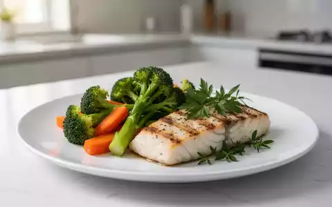 Gesunde, ausgewogene Mahlzeit mit gedünstetem Gemüse und Fisch auf einem weißen Teller als Symbol für Ernährung bei Morbus Crohn. - Foto: über boerse-global.de