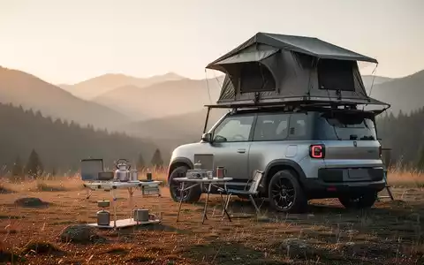 Minimalistisches Camping-Setup mit einem kompakten Fahrzeug, Dachzelt und reduzierter Küchenausrüstung in der Natur. - Foto: über boerse-global.de