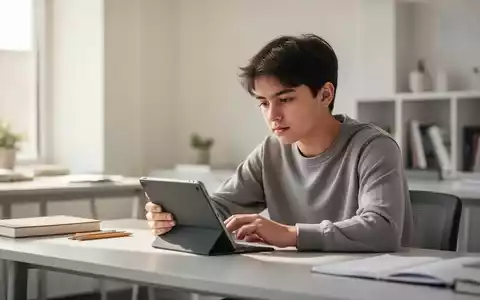 Ein junger Mensch sitzt konzentriert an einem Schreibtisch mit einem Tablet in einer hellen, modernen Lernumgebung. - Foto: über boerse-global.de