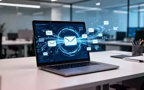 Moderner Arbeitsplatz mit Laptop, der digitale E-Mail-Sicherheits- und Automatisierungsprozesse symbolisiert. - Foto: über boerse-global.de