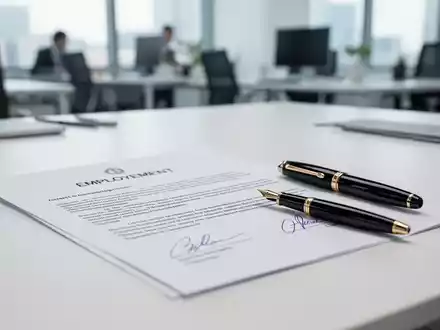 Ein unterschriebener Arbeitsvertrag und ein Füllfederhalter auf einem Schreibtisch als Symbol für rechtliche Absicherung. - Foto: über boerse-global.de