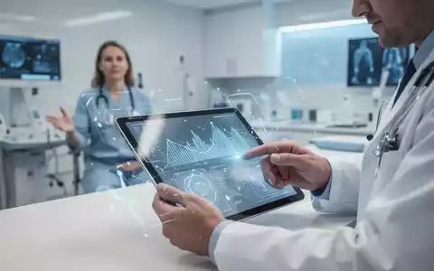 Ein Arzt nutzt ein digitales Tablet bei einer Patientenberatung in einer modernen Klinik mit Datenüberlagerungen. - Foto: über boerse-global.de
