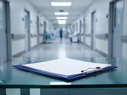 Ein leeres medizinische Aktenheft auf einem modernen Schreibtisch in einer Klinik, symbolisiert Sparmaßnahmen im Gesundheitswesen. - Foto: über boerse-global.de