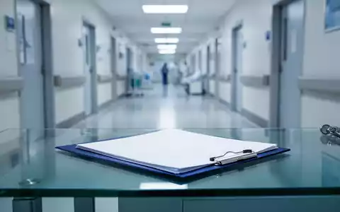 Ein leeres medizinische Aktenheft auf einem modernen Schreibtisch in einer Klinik, symbolisiert Sparmaßnahmen im Gesundheitswesen. - Foto: über boerse-global.de