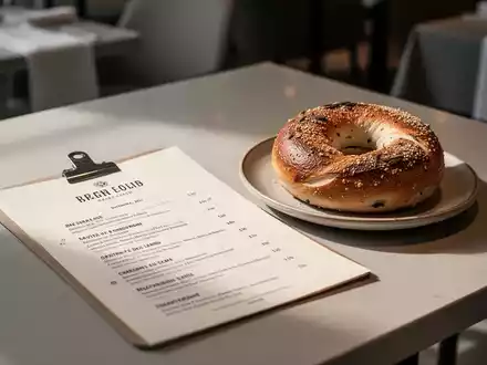 Ein Restauranttisch mit einer Speisekarte und einem Bagel, der die Spannung zwischen technischer KI-Darstellung und authentischer Kulinarik verdeutlicht. - Foto: ĂŒber boerse-global.de