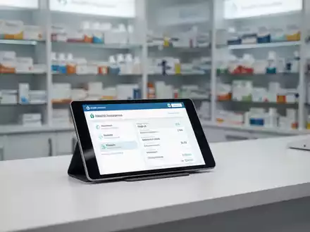 Modernes Apothekentheke mit digitalem Tablet und verschwommenen Medikamentenregalen im Hintergrund. - Foto: über boerse-global.de