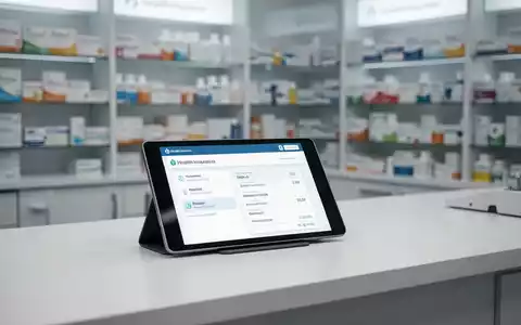 Modernes Apothekentheke mit digitalem Tablet und verschwommenen Medikamentenregalen im Hintergrund. - Foto: über boerse-global.de
