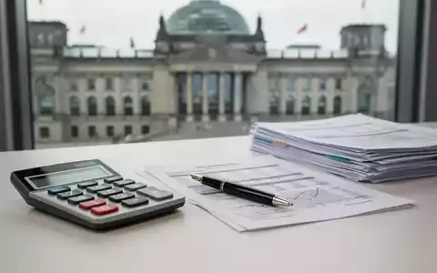 Ein Schreibtisch mit Taschenrechner, Füller und Steuerunterlagen vor einem unscharfen Hintergrund eines Regierungsgebäudes. - Foto: über boerse-global.de