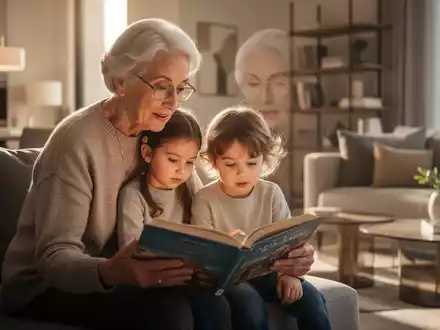 Großelternteil liest gemeinsam mit einem Kind in einem hellen Wohnzimmer. - Foto: über boerse-global.de