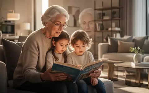 Großelternteil liest gemeinsam mit einem Kind in einem hellen Wohnzimmer. - Foto: über boerse-global.de